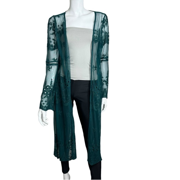 Haute Mode Mesh Embroidered Lace Long Sleeve Teal Cardigan - Picture 3 of 9
